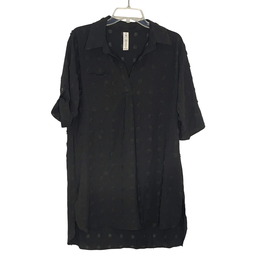 B Women's Medium Black Dot Tunic Top Dress Swim Cover Up Roll Tab Sleeve V-Neck